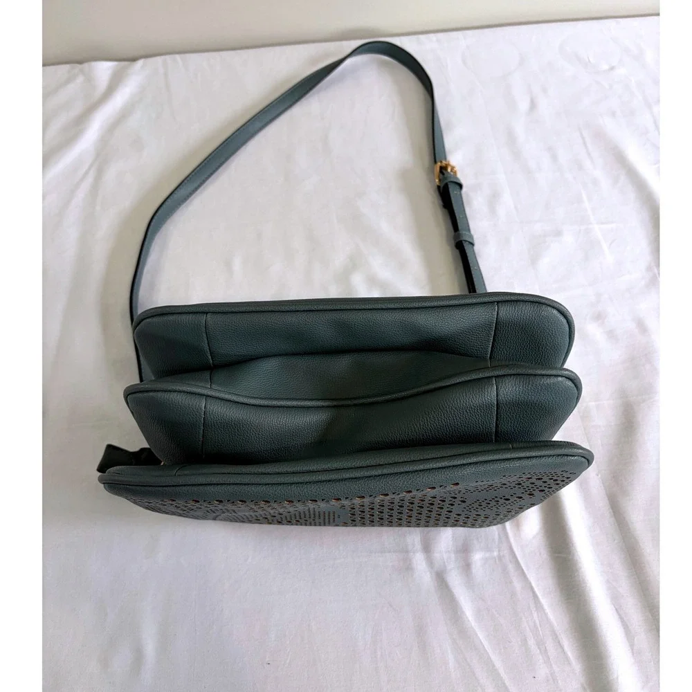 Seven Days Laser Cut Vegan Crossbody Purse 10x7 Minimalist Grey Blue Modern Chic